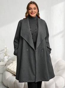 EMERY ROSE Plus Size Women Solid Color Lapel Long Sleeve Double-Breasted Casual Overcoat, Autumn/Winter - Grey - View 5