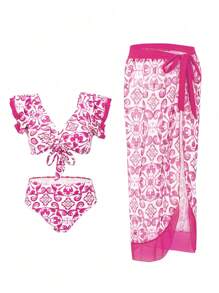 SHEIN Swim 女士随机印花比基尼套装 夏季 - 玫紅色 - 查看 3
