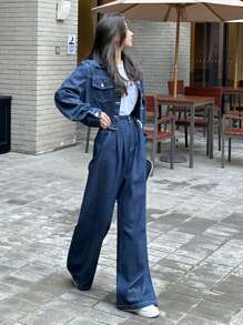 DAZY 2 件套女式牛仔短夹克和长牛仔裤套装，秋季服装，返校服装