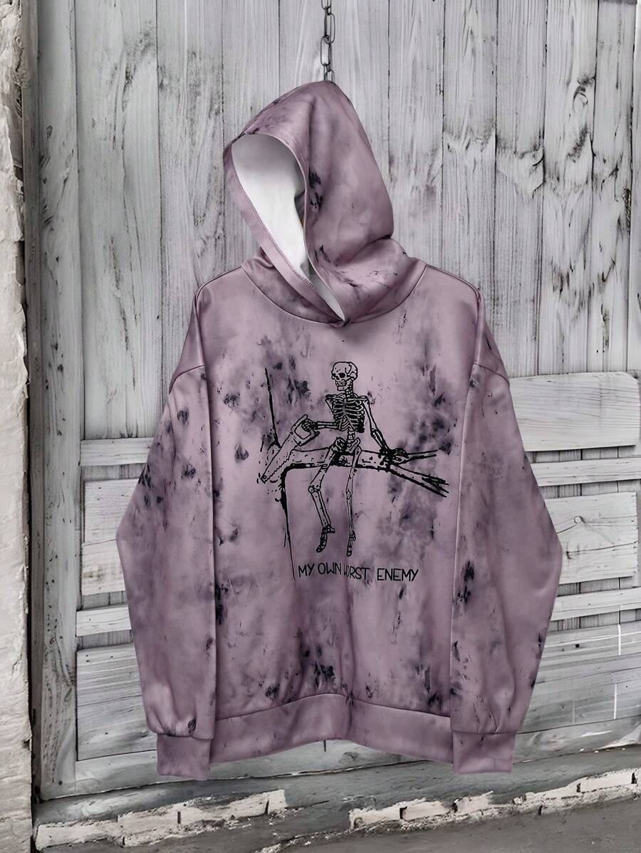 Manfinity Dauomo Men's Casual Streetwear Skeleton & Slogan Print Tie Dye Drop Shoulder Oversized Hoodie - Purple - View 1