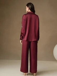 Anewsta Bộ quần áo và áo sơ mi thêu sequin màu xanh lá cây nhạt giản dị dành cho nữ - Đỏ - Xem 3