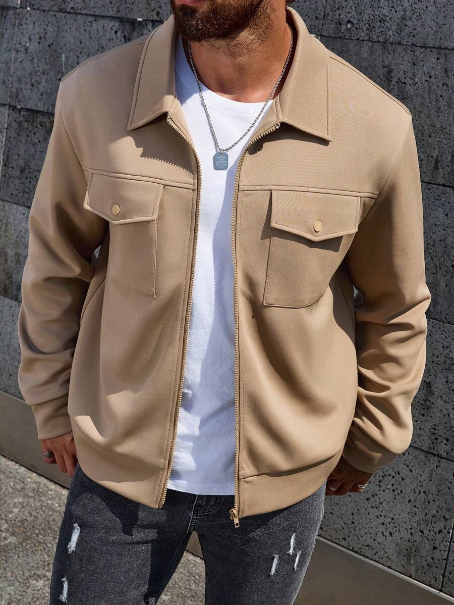 Manfinity Homme Plus Size Men's Solid Color Front Zipper Long Sleeve Pocket Casual Jacket, Going Out Fashion Khaki Lightweight Jacket, For Friends, Husband, Boyfriend Gifts - Khaki - View 1