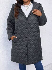 SHEIN LUNE Plus Size Casual Solid Color Hooded Jacket, Winter - Grey - View 4