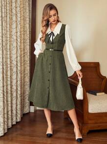 Vintamour Vintage elegantes Damenkleid aus Cord mit Einsätzen, Hemdkleid, Tankkleid mit Tasche, Schleife, Gürtel, V-Ausschnitt, Knopfdekor, hoher Bund, lässiges Regenschirmkleid für den Weg zur Arbeit, A-Linie, langes Kleid für Festivals, Winterkleidung für Frauen, langärmliges Kleid, Neujahrskleider für Damen, elegante Winterkleide für Weihnachten, Damen-Outfit, Urlaubspartykleid