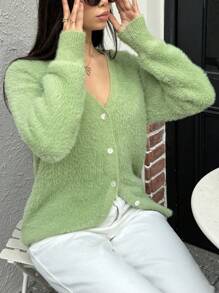 INAWLY Women's Casual Solid Color Cardigan, Autumn/Winter - Mint Green - View 3