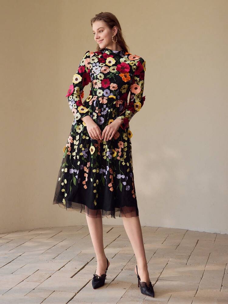 FLORAL EMBROIDERY CONTRAST MESH MIDI DRESS, WOMEN OUTFIT