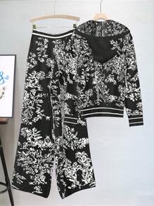 Linhara 2 件女式加大码简约纯色印花毛衣套装，适合万圣节、新年、情人节、感恩节、圣诞节、复活节、正式派对、除夕、冬季 - 黑與白 - 查看 2