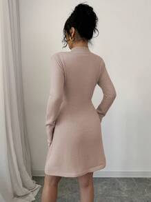 Elenzga 女士蝴蝶结腰部毛衣连衣裙 - 杏色 - 查看 2