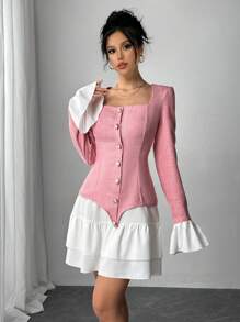 Chiquease Women's Contrast Color Splice Tweed Ruffle Hem Elegant Dress, Long Sleeve Fall Cloth For Women - Pink - View 7