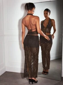 SHEIN BAE Black Sheer Lace Halter Criss-Cross Tie Up Corset, Elegant Festival, Concert, Beach Dress, Low Rise Skirt, Lace Top Set, Sexy And Graceful Party/Afternoon Tea Outfit