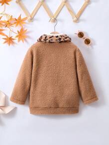 SHEIN 1 件年轻女孩棕色双面蓬松豹纹长袖外套，适合外出，家庭配套服装“妈妈和我”的一部分（3 件单独出售） - 棕色 - 查看 2