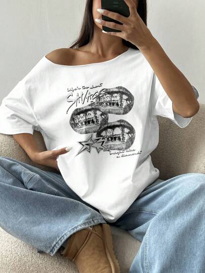 Flirla Women's Loose Shoulder Off T-Shirt Y2k Graphic Oversized Off-Shoulder Tee Graphic Tees Women Tops
