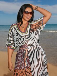 Swim Lushoire 1pc Plus Size Women Animal Print Belted Shawl Tunic Summer - Multicolor - View 6