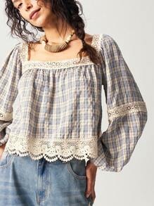 Bohemela Dames Casual Geweven Geruit Contrasterende Kanten Bies Vierkante Hals Losse Blouse