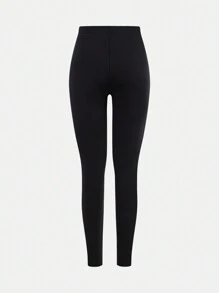 SHEIN Tween Girl Casual Minimalist Comfortable Rhinestone Decor Mid-Waist Versatile Leggings - Black - View 2