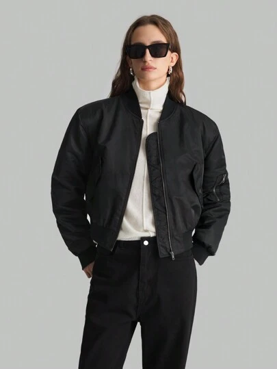 Ontre 女士纯黑色长袖拉链棒球领加厚外套，冬季