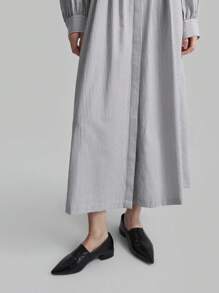 Ontre Áo sơ mi dài tay sọc xám ngày lễ mùa xuân mới 2025 cho nữ, kiểu dáng váy dài thường ngày có eo - Nhiều màu - Xem 5