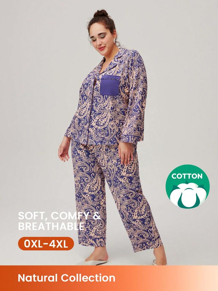 Plus Women Plus Paisley Print Cotton Long Pajama Set Lounge Set For Women Lingerie Clothes,Spring And Summer Cotton Pajamas