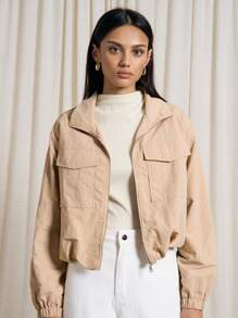 AiiRZ Lightweight Cropped Utility Bomber Jacket Military Fashion Outerwear Spring Fall Zip Front Elasticated Crop Casual Streetwear Athleisure Everyday - Khaki - View 1