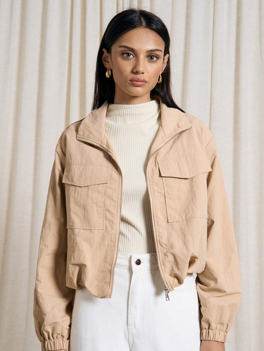 AiiRZ Lightweight Cropped Utility Bomber Jacket Military Fashion Outerwear Spring Fall Zip Front Elasticated Crop Casual Streetwear Athleisure Everyday - Khaki - View 1