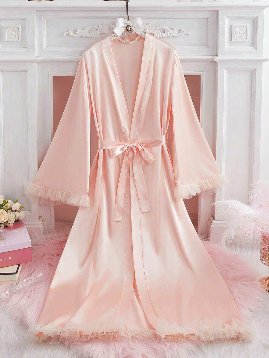 Bata ribete fruncido con cinturón de satén - Rosa Pálido - Ver 1