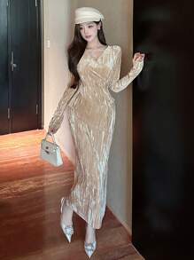 纯色V领女士中长修身连衣裙，适合派对、秋季服装、返校节礼服、奢华舞会礼服、新年晚礼服、嘉年华闪亮礼服 - 杏色 - 查看 1