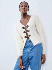 Chiquease Cardigan ample à manches longues, col boutonné et doux pour femmes en hiver