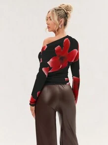 Glamine 女士花卉印花不对称领长袖时尚上衣，秋季 - 彩色 - 查看 2