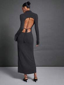 Hauture Váy dài bó sát hở lưng buộc dây gợi cảm mùa thu/đông cài nút phía trước - Màu xám đen - Xem 4