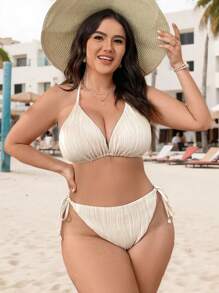 Swim Vcay 加大码露背吊带比基尼套装，搭配系带比基尼泳裤，非常适合夏日海滩度假 - 米色 - 查看 5