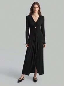 SHEIN X Angie Costa Ontre Women's Black Deep V-Neck Knit Slim Fit High Slit Maxi Party Dress