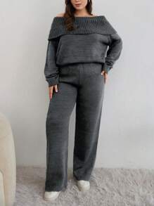 EURMUSE PLUS SIZE OFF SHOULDER SWEATER CO-ORDS - Dark Grey - View 5