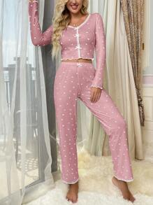 SHEIN Bow Decor Heart Print Form Fitting Women Pajama Set, Fall Winter Clothes - Pink - View 4