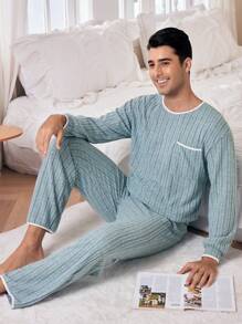 CoupledUp Men's Plush Ribbed Splice Trim Long Sleeve & Long Pants Pajama Set - Blue - View 2