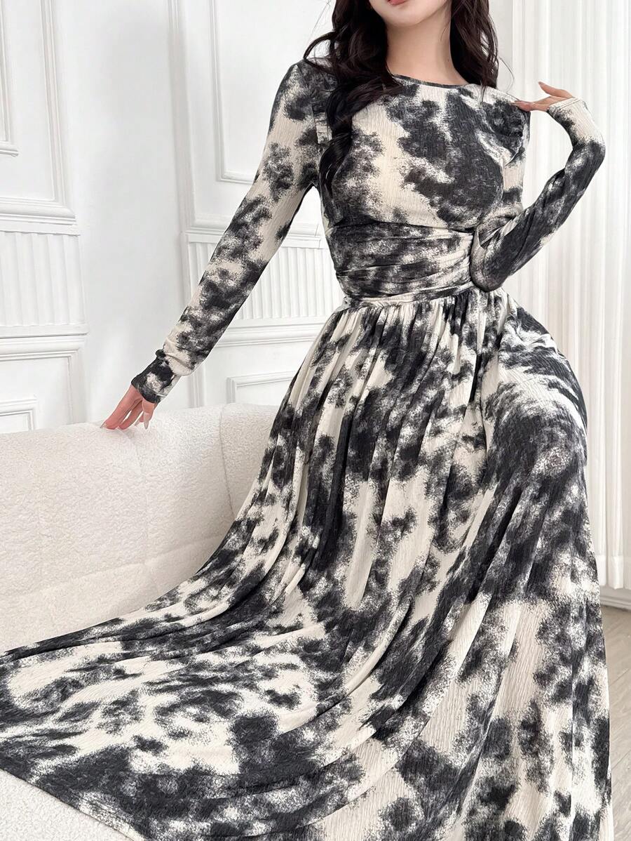 Modelyn Women Tie Dye Print Round Neck Long Sleeve Pleated Dress, Elegant