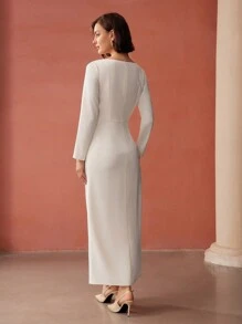 MOTF PREMIUM METAL DECOR THIGH SLIT DRESS - White - View 5