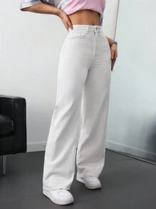 SHEIN ICON Pantalones vaqueros de pierna recta versátiles de unicolor con bolsillo