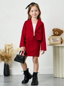 Bộ áo khoác lửng hai hàng khuy dễ thương & thanh lịch cho bé gái và chân váy xẻ chữ M, cổ điển & ngọt ngào, đa năng, thích hợp cho tiệc sinh nhật, biểu diễn, nghỉ dưỡng, phong cách đại học, tuyệt vời để mặc thường ngày & hàng ngày & đến trường vào mùa thu & đông, cho Giáng sinh, phù hợp cho mẹ và con gái..Màu đỏ cho Giáng sinh. - Đỏ - Xem 2