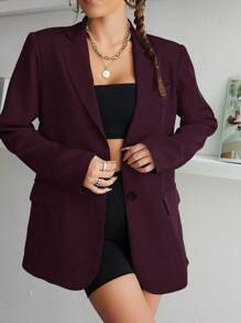 SHEIN Unity Women's Solid Color Notch Collar Long Sleeve Casual Shoulder Blazer Jacket, Autumn - Red Violet - View 6
