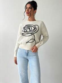 Firerie 女士优雅玫瑰花朵图案宽松卡其色毛衣，休闲通勤风格，秋冬 - 杏色 - 查看 4