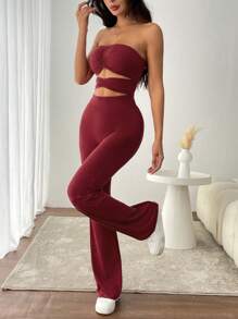 Flirla Y2K Sexy Solid Color Cutout Bandeau Casual Jumpsuit