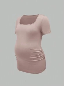 Modmama Maternity Short Sleeve Solid Color Pleated T-Shirt, Simple And Casual Everyday Wear