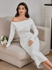 Modelyn Women's Off Shoulder Asymmetrical Neckline Bodycon Mini Sweater Dress - White - View 1