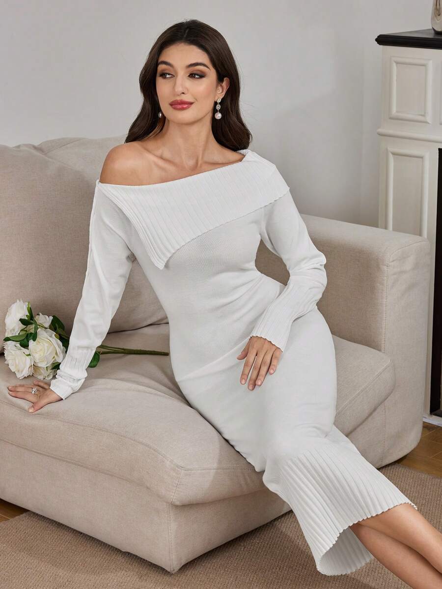 Modelyn Women's Off Shoulder Asymmetrical Neckline Bodycon Mini Sweater Dress - White - View 1