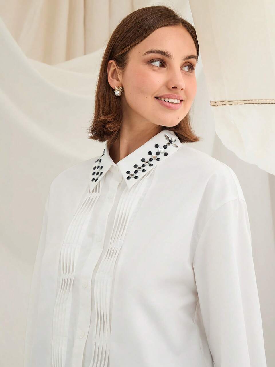 Autumn Women's White Elegant Office Blouse,Sparkle Rhinestone Decor Pleated Detail Long Sleeve Fashionable Outfits For Date&Daily Commuting