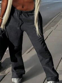 INAWLY 女士休闲纯色抽绳腰运动裤 - 黑色 - 查看 3