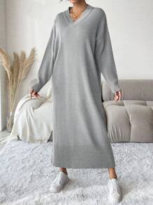 EURMUSE Solid Color V-Neck Drop Shoulder Sweater Dress - Grey - View 4