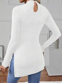 SHEIN LUNE Dames Slim Fit Lange Mouw Parel Versierd Hoge Hals Split Zoom T-shirt, Herfst/Winter
