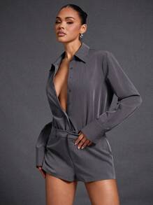 SHEIN Unity Winter Women Clothes, Sophisticated Charcoal Grey Shirt And Shorts Romper With Detachable Necktie Simple Fashion Daily Casual. For Office Wear, Business Casual, Outings, Everyday Wear, Business Women Clothes, Formal