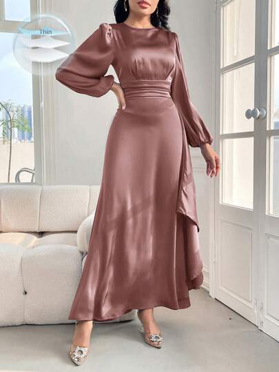 Modelyn Spring Round Neck Lantern Sleeve Elegant A-Line Dress With Cinched Waist,Elegant Evening Party Dress Long Evening Dresses